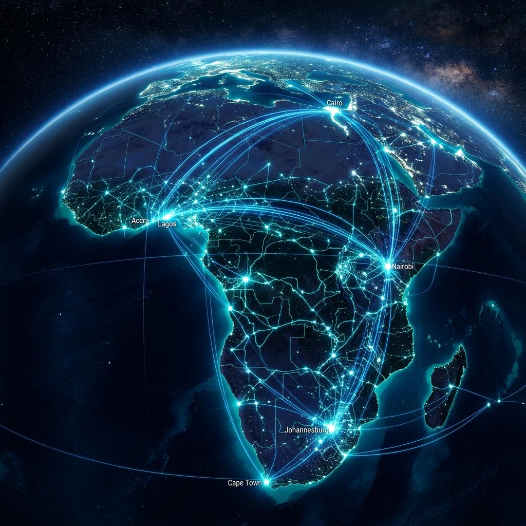 Africa at night glowing digital network
